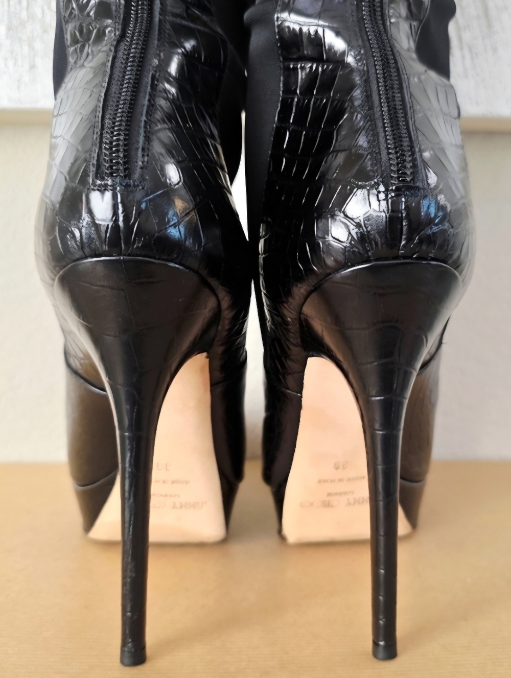 Jimmy Choo Black Croc-Embossed Knee-High Heeled Boots with Stretch Panels US 8 - Picture 10 of 16